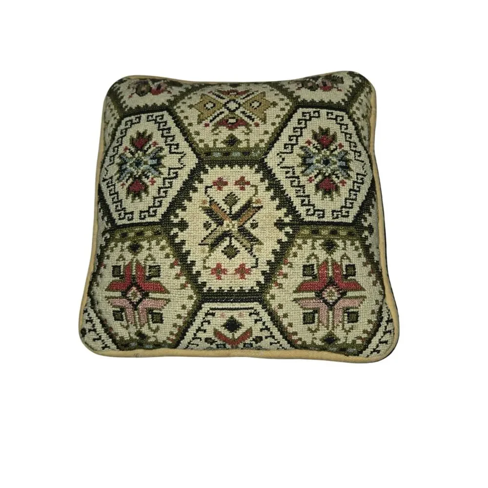 Vintage Needlepoint Aztec Southwestern Gold Velvet Throw Pillow